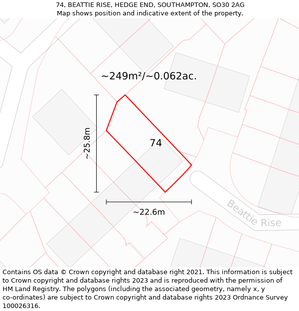 74, BEATTIE RISE, HEDGE END, SOUTHAMPTON, SO30 2AG: Plot and title map