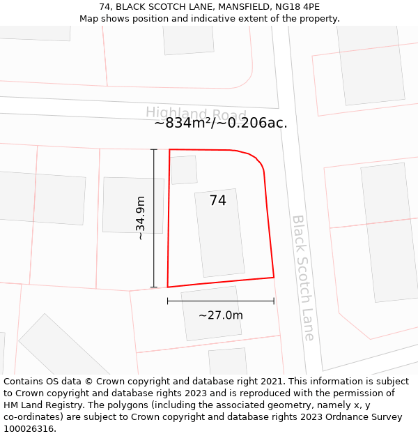 74, BLACK SCOTCH LANE, MANSFIELD, NG18 4PE: Plot and title map