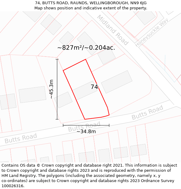 74, BUTTS ROAD, RAUNDS, WELLINGBOROUGH, NN9 6JG: Plot and title map