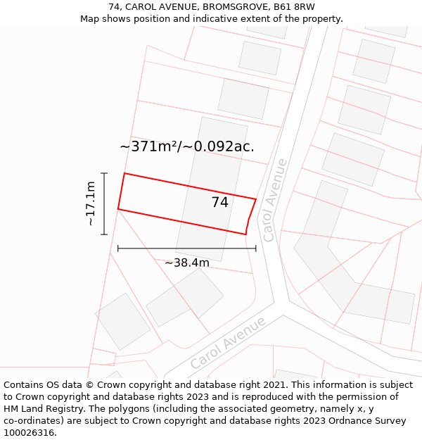 74, CAROL AVENUE, BROMSGROVE, B61 8RW: Plot and title map