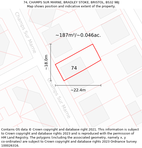 74, CHAMPS SUR MARNE, BRADLEY STOKE, BRISTOL, BS32 9BJ: Plot and title map