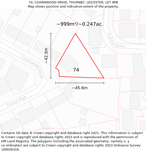 74, CHARNWOOD DRIVE, THURNBY, LEICESTER, LE7 9PB: Plot and title map