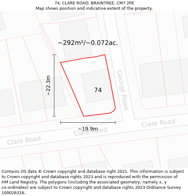 74, CLARE ROAD, BRAINTREE, CM7 2PE: Plot and title map