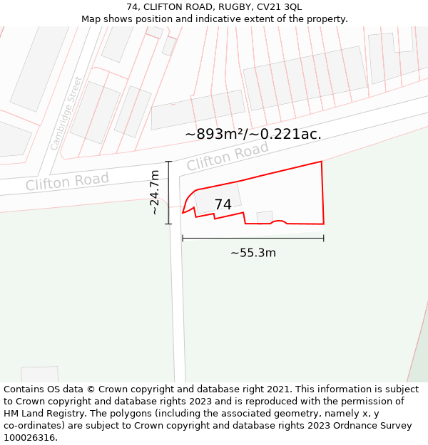 74, CLIFTON ROAD, RUGBY, CV21 3QL: Plot and title map