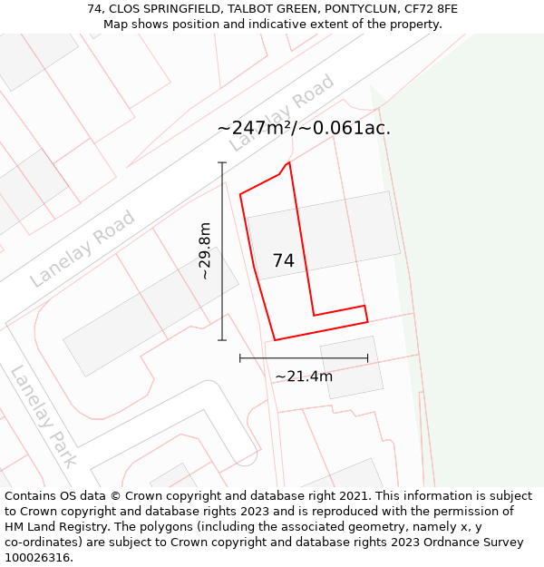 74, CLOS SPRINGFIELD, TALBOT GREEN, PONTYCLUN, CF72 8FE: Plot and title map