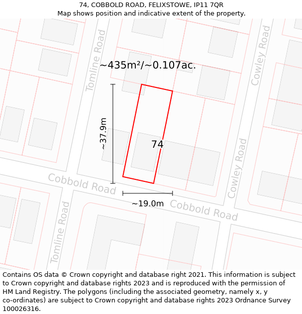 74, COBBOLD ROAD, FELIXSTOWE, IP11 7QR: Plot and title map