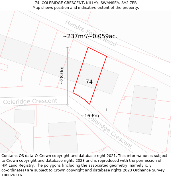 74, COLERIDGE CRESCENT, KILLAY, SWANSEA, SA2 7ER: Plot and title map