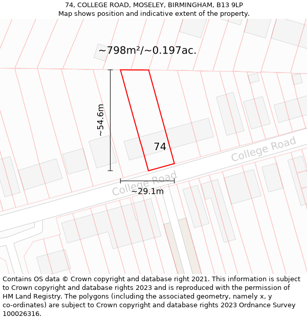 74, COLLEGE ROAD, MOSELEY, BIRMINGHAM, B13 9LP: Plot and title map
