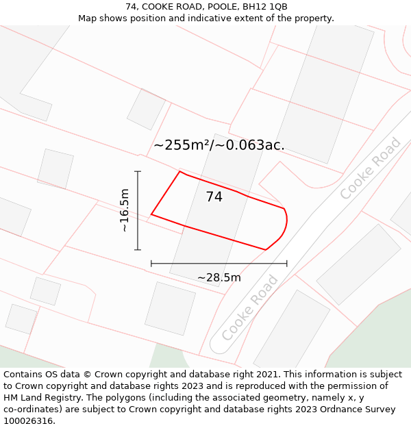 74, COOKE ROAD, POOLE, BH12 1QB: Plot and title map