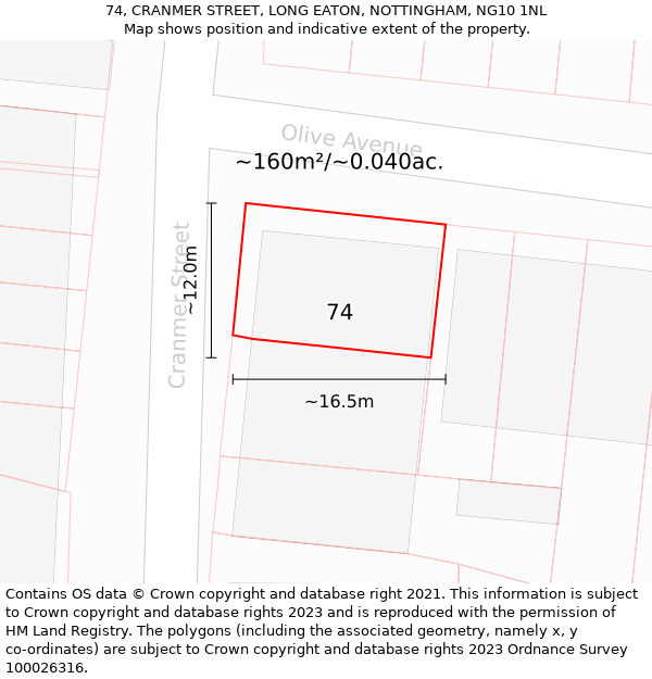 74, CRANMER STREET, LONG EATON, NOTTINGHAM, NG10 1NL: Plot and title map