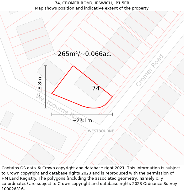 74, CROMER ROAD, IPSWICH, IP1 5ER: Plot and title map
