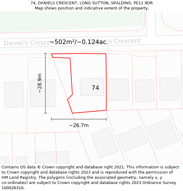 74, DANIELS CRESCENT, LONG SUTTON, SPALDING, PE12 9DR: Plot and title map