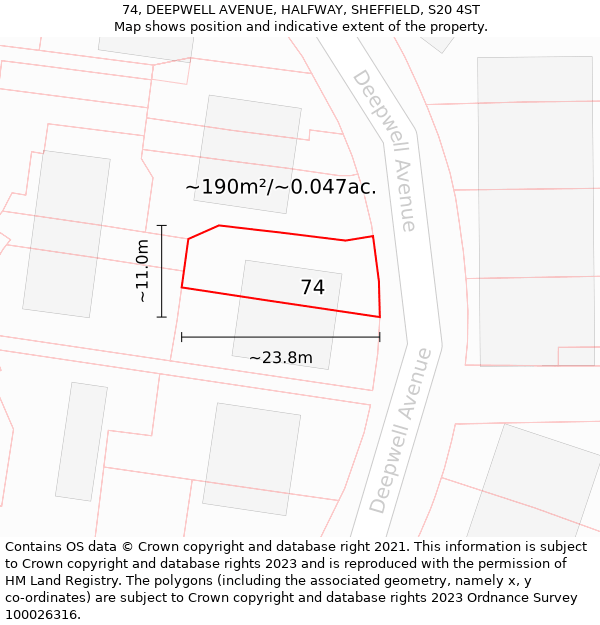 74, DEEPWELL AVENUE, HALFWAY, SHEFFIELD, S20 4ST: Plot and title map