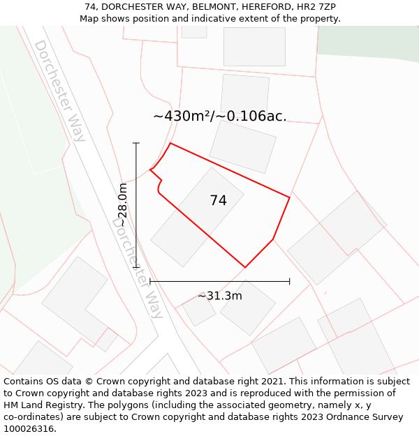 74, DORCHESTER WAY, BELMONT, HEREFORD, HR2 7ZP: Plot and title map