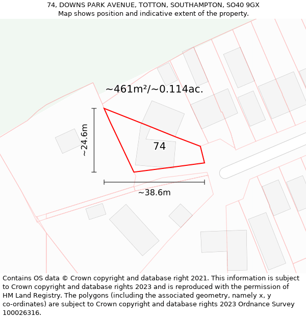 74, DOWNS PARK AVENUE, TOTTON, SOUTHAMPTON, SO40 9GX: Plot and title map