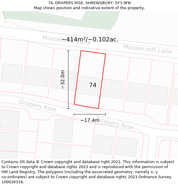 74, DRAPERS RISE, SHREWSBURY, SY3 9FN: Plot and title map