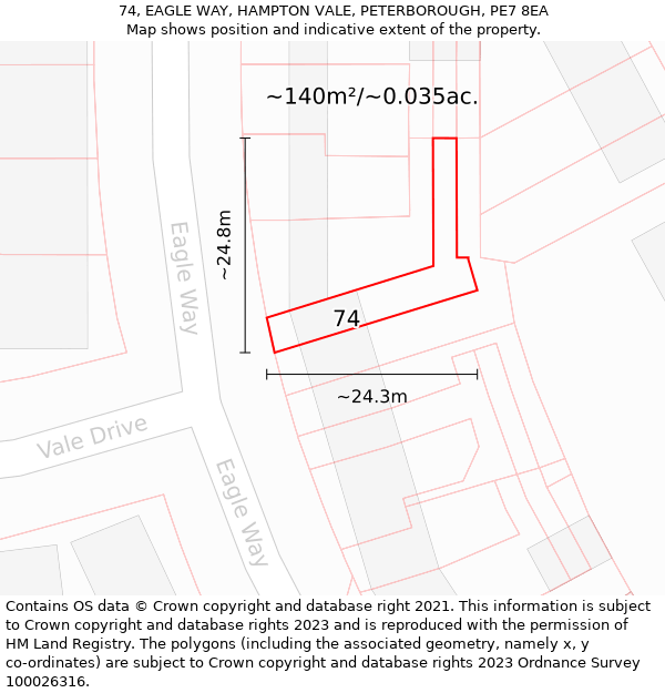 74, EAGLE WAY, HAMPTON VALE, PETERBOROUGH, PE7 8EA: Plot and title map