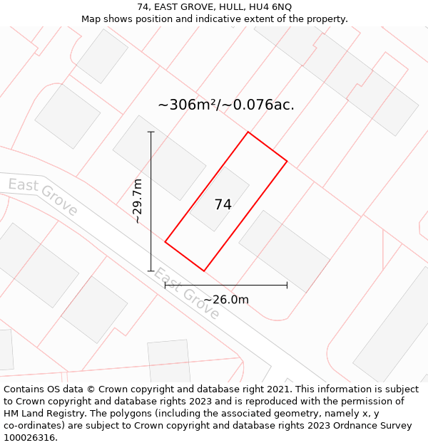 74, EAST GROVE, HULL, HU4 6NQ: Plot and title map