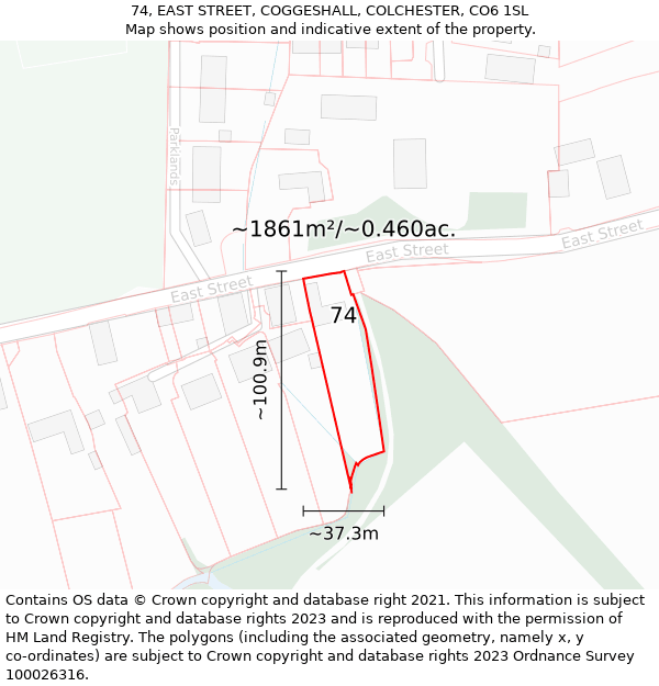 74, EAST STREET, COGGESHALL, COLCHESTER, CO6 1SL: Plot and title map