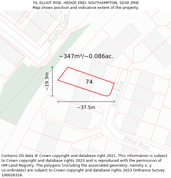 74, ELLIOT RISE, HEDGE END, SOUTHAMPTON, SO30 2RW: Plot and title map