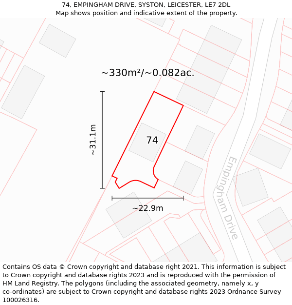 74, EMPINGHAM DRIVE, SYSTON, LEICESTER, LE7 2DL: Plot and title map