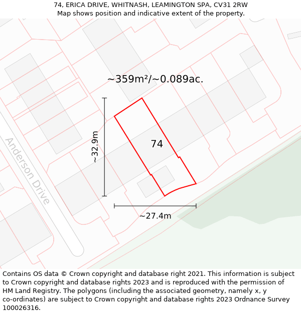 74, ERICA DRIVE, WHITNASH, LEAMINGTON SPA, CV31 2RW: Plot and title map