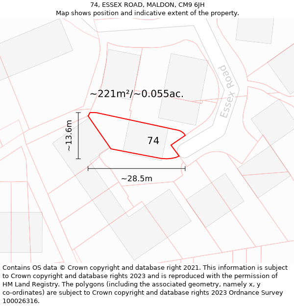 74, ESSEX ROAD, MALDON, CM9 6JH: Plot and title map