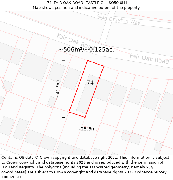 74, FAIR OAK ROAD, EASTLEIGH, SO50 6LH: Plot and title map