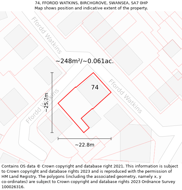 74, FFORDD WATKINS, BIRCHGROVE, SWANSEA, SA7 0HP: Plot and title map