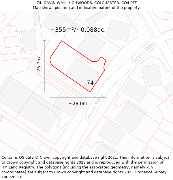 74, GAVIN WAY, HIGHWOODS, COLCHESTER, CO4 9FF: Plot and title map