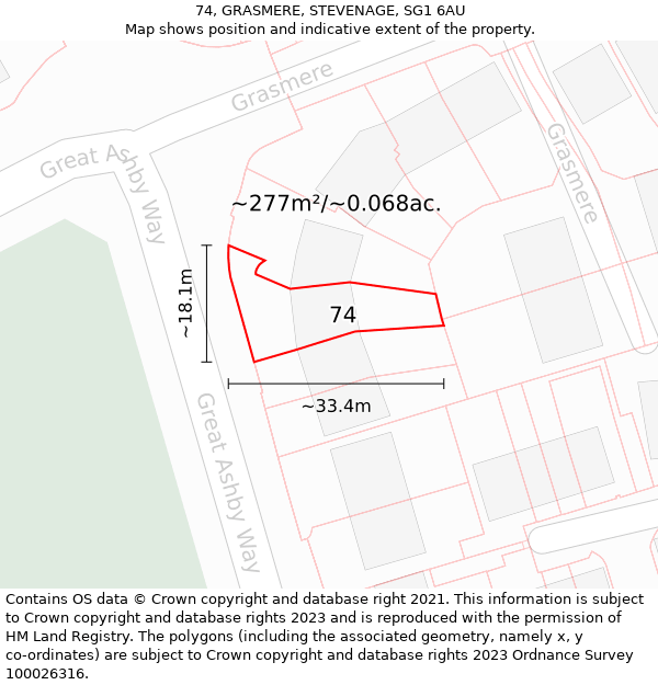 74, GRASMERE, STEVENAGE, SG1 6AU: Plot and title map