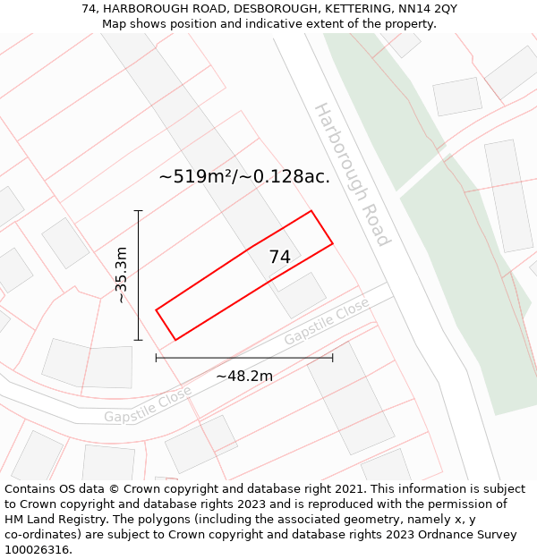 74, HARBOROUGH ROAD, DESBOROUGH, KETTERING, NN14 2QY: Plot and title map