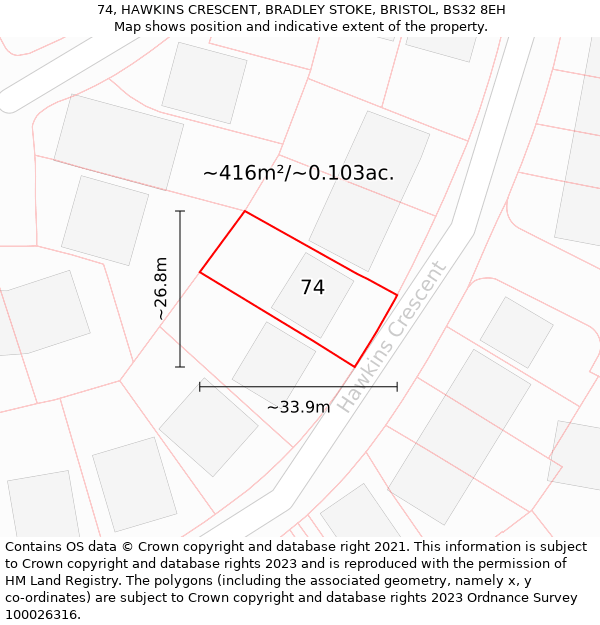 74, HAWKINS CRESCENT, BRADLEY STOKE, BRISTOL, BS32 8EH: Plot and title map