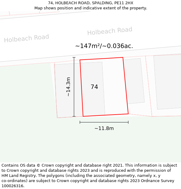 74, HOLBEACH ROAD, SPALDING, PE11 2HX: Plot and title map