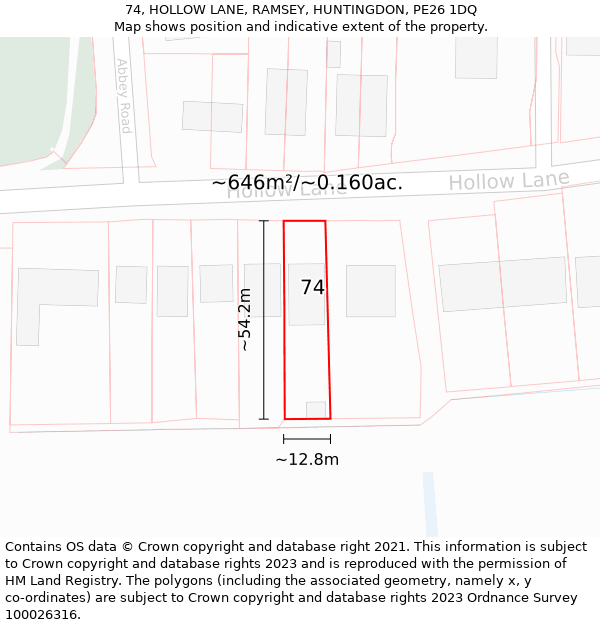 74, HOLLOW LANE, RAMSEY, HUNTINGDON, PE26 1DQ: Plot and title map