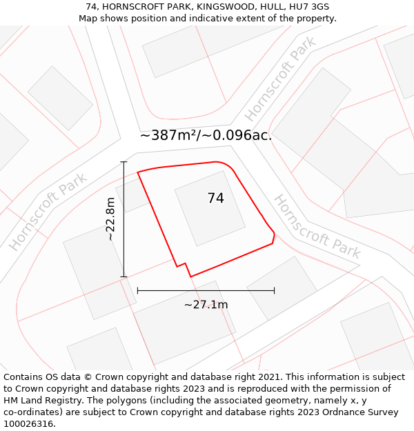 74, HORNSCROFT PARK, KINGSWOOD, HULL, HU7 3GS: Plot and title map