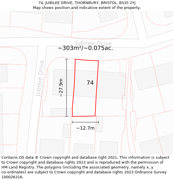 74, JUBILEE DRIVE, THORNBURY, BRISTOL, BS35 2YJ: Plot and title map