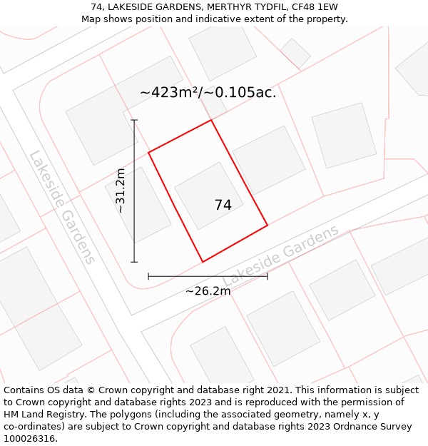 74, LAKESIDE GARDENS, MERTHYR TYDFIL, CF48 1EW: Plot and title map