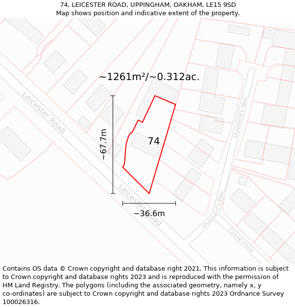 74, LEICESTER ROAD, UPPINGHAM, OAKHAM, LE15 9SD: Plot and title map