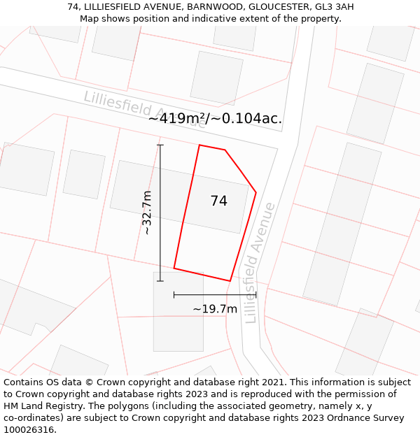 74, LILLIESFIELD AVENUE, BARNWOOD, GLOUCESTER, GL3 3AH: Plot and title map