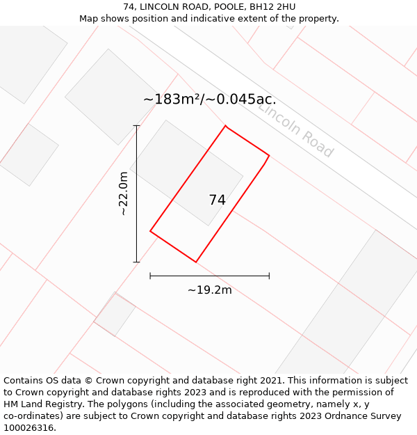 74, LINCOLN ROAD, POOLE, BH12 2HU: Plot and title map