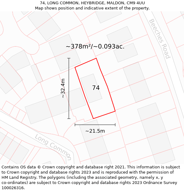 74, LONG COMMON, HEYBRIDGE, MALDON, CM9 4UU: Plot and title map