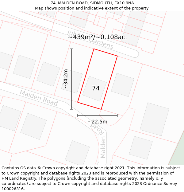 74, MALDEN ROAD, SIDMOUTH, EX10 9NA: Plot and title map