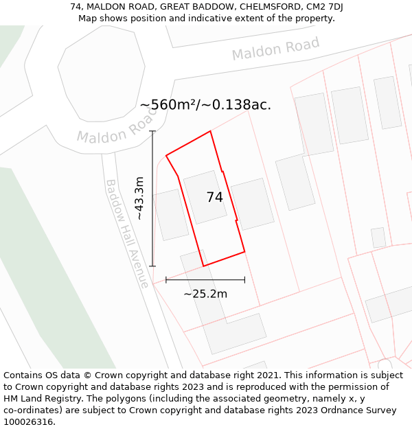 74, MALDON ROAD, GREAT BADDOW, CHELMSFORD, CM2 7DJ: Plot and title map