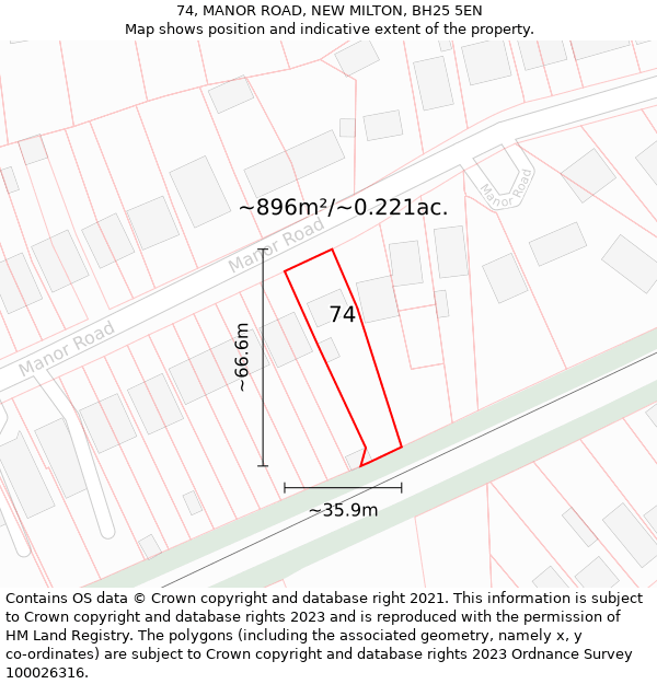 74, MANOR ROAD, NEW MILTON, BH25 5EN: Plot and title map