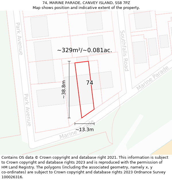 74, MARINE PARADE, CANVEY ISLAND, SS8 7PZ: Plot and title map