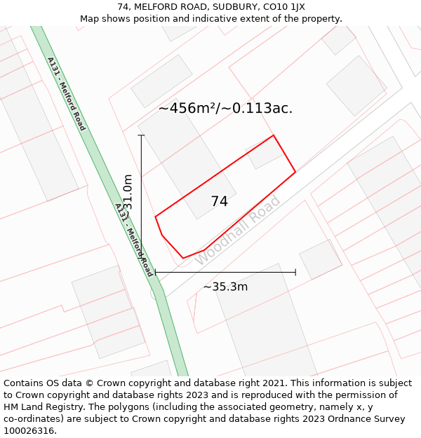 74, MELFORD ROAD, SUDBURY, CO10 1JX: Plot and title map