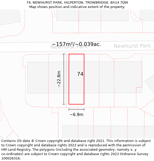 74, NEWHURST PARK, HILPERTON, TROWBRIDGE, BA14 7QW: Plot and title map