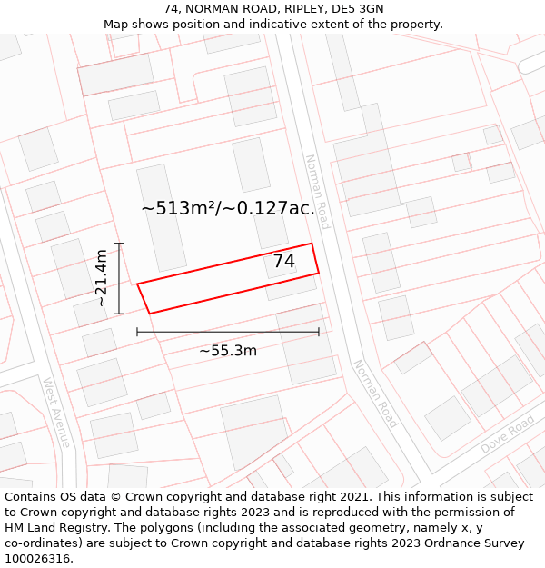 74, NORMAN ROAD, RIPLEY, DE5 3GN: Plot and title map