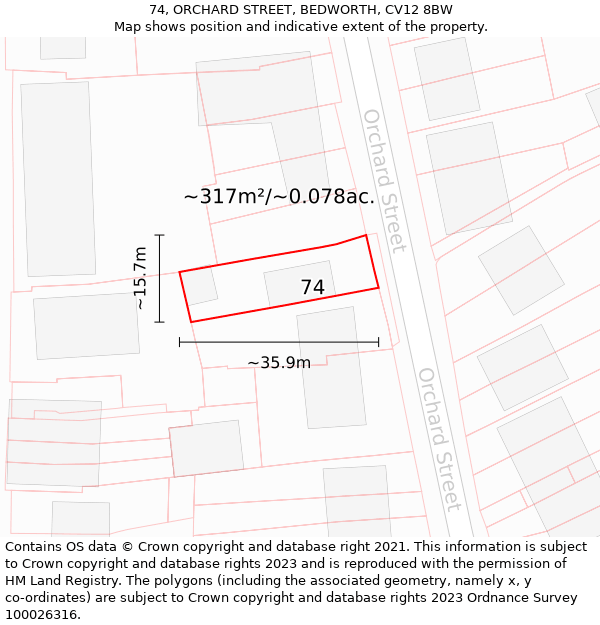 74, ORCHARD STREET, BEDWORTH, CV12 8BW: Plot and title map